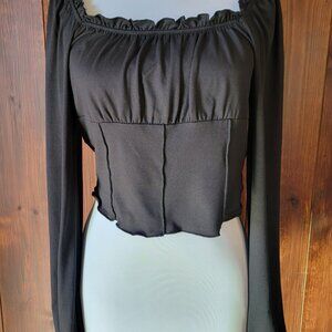 Black Off-Shoulder Crop Top Women L Ruffle Neck Balloon Sleeve Y2K 90s Vintage